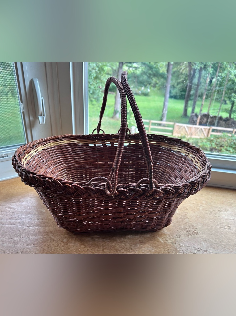 Vtg Brown Wicker Market Basket Large W/Handles Oval Cottage Core Gathering 16”